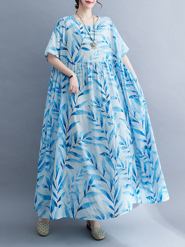 Loose Short Sleeves Leaf Pleated Printed Split-joint Round-neck Midi Dresses