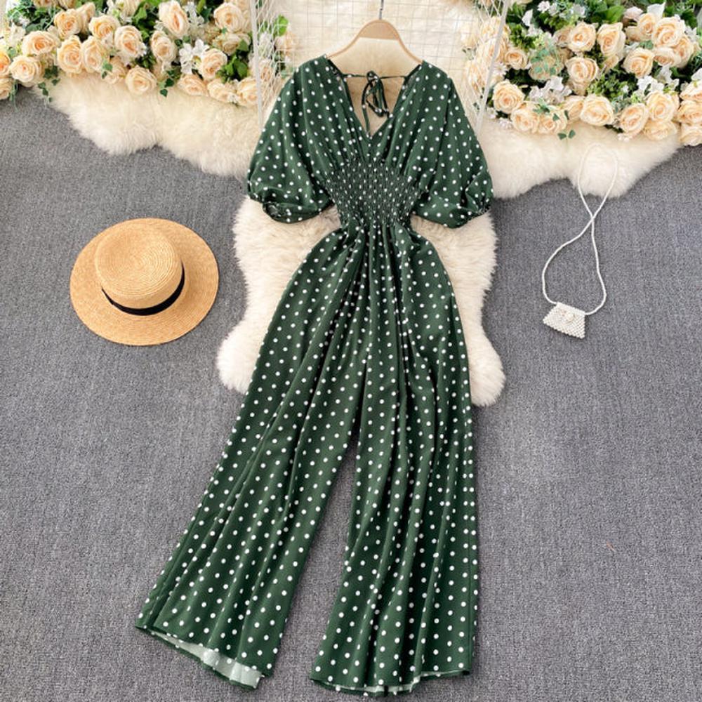 Stylish Army Green V-neck Polka Dot Puff Sleeve Wide Leg Jumpsuit