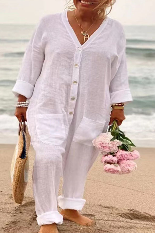 V-neck Button Up Jumpsuit With Mid Waist Pocket Jumpsuit