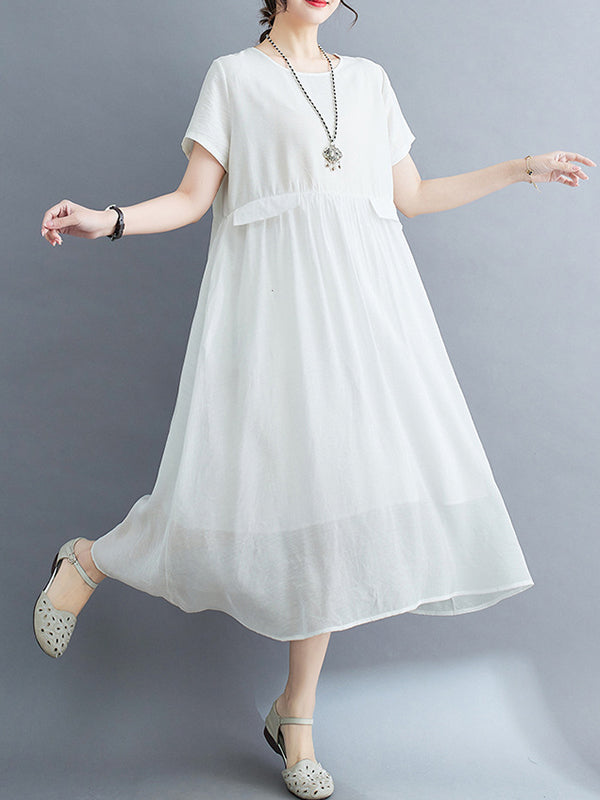 Loose Short Sleeves Gauze Color Split-joint Round-neck Midi Dresses