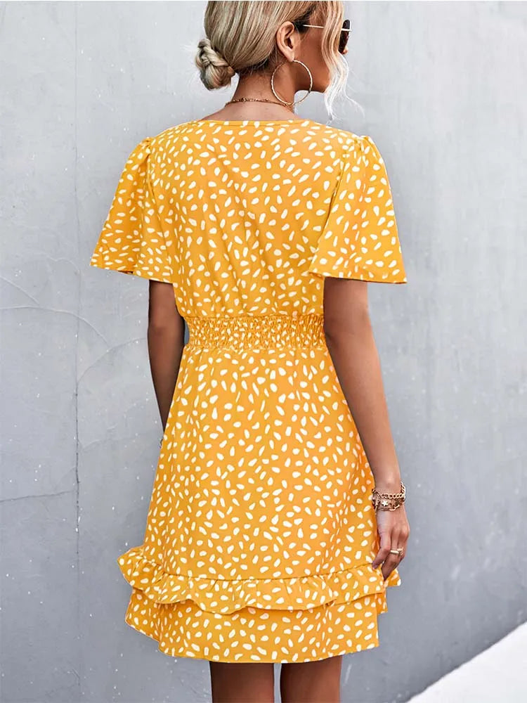 V Neck Mini Dress for Slim Short Dresses Female Lotus Leaf Sleeve Dress