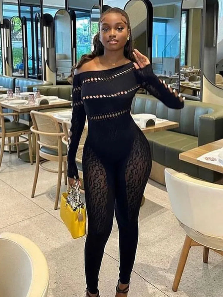 Long Sleeved Mesh Hollow Out Patch Jumpsuit Fall New Elastic Tight Fitting Female Street Club Clothing