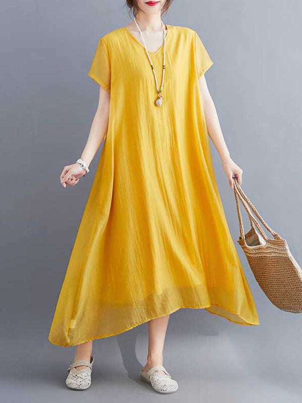 A-line Loose Color V-neck Midi Dresses