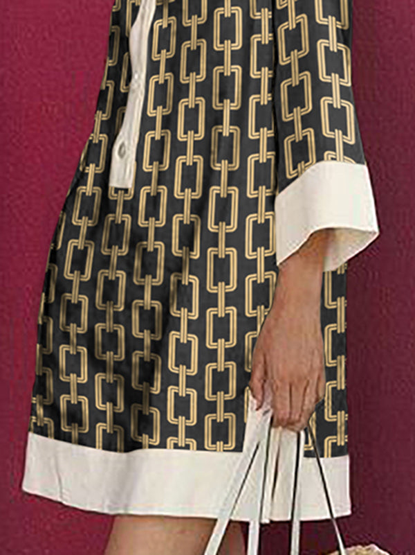 Long Sleeves Loose Printed Split-joint Lapel Mini Dresses Shirt Dress