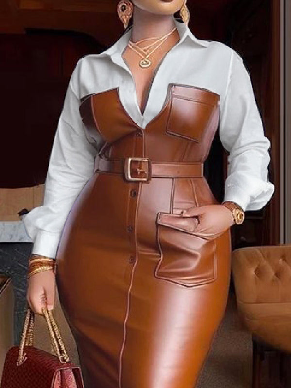 Long Sleeves Skinny Belted Buttoned Split-joint Lapel Midi Dresses Shirt Dress