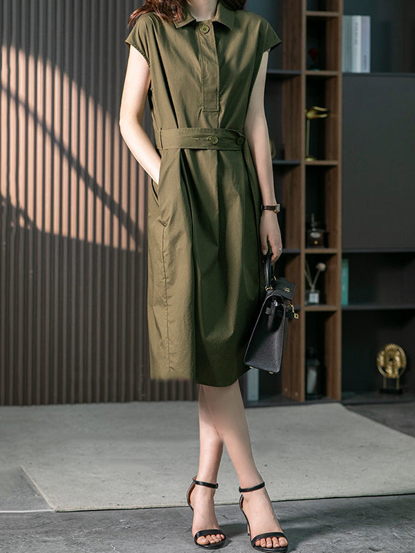 Short Sleeves Bandage Color Lapel Midi Dresses