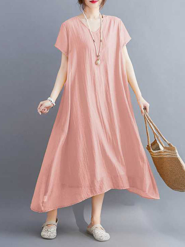 A-line Loose Color V-neck Midi Dresses