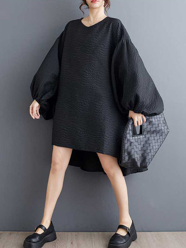 High-low Long Sleeves Elasticity Color Split-joint Round-neck Midi Dresses