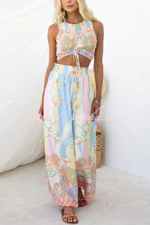 It's Your Vacation Print Elastic Drawstring Waist Pocket Wide Leg Pants