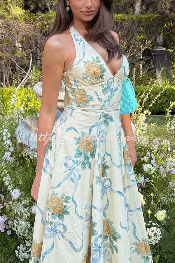 Resort Star Print Waist Halterneck Tie Pocket Midi Dress