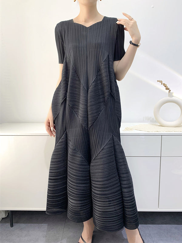 Loose Short Sleeves Pleated Color Split-joint V-neck Midi Dresses