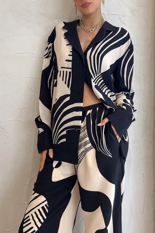 Black and White Printed Lapel Loose Two-piece Set