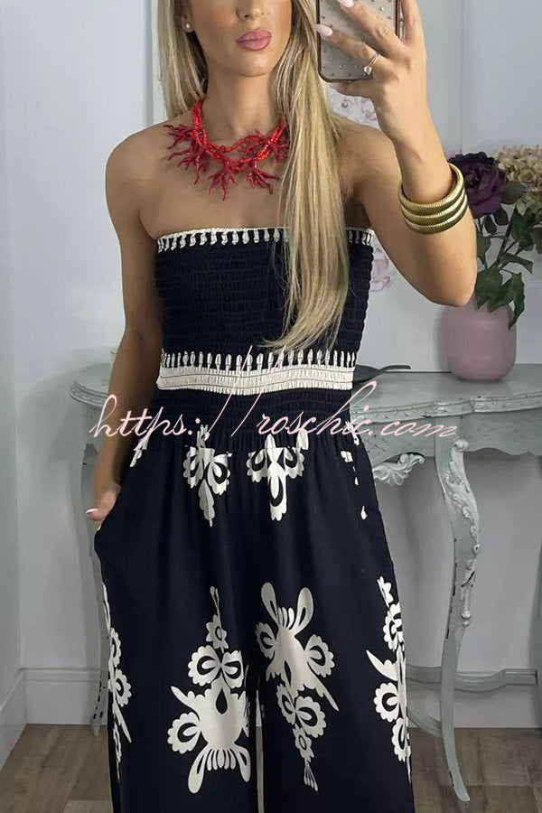 Larsen Print Off Shooulder Smocked Bust Pocketed Jumpsuit