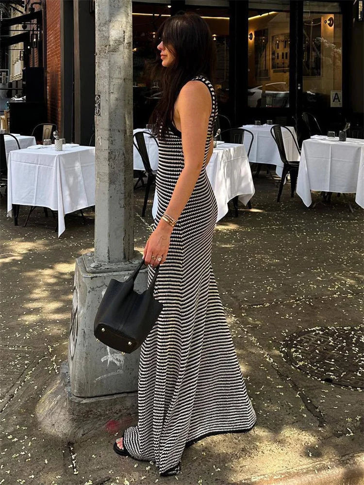 Striped Sleeveless Slim Maxi Dress Female Hollow Out Patchwork Holiday Beach Dress ’s High Waist Dress