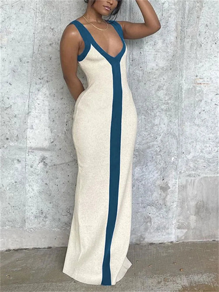 Patchwork Contrast Slim Maxi Dress Female Off-shoulder V-neck Party Dress High Waist Beach Holiday Outfits Long Dress