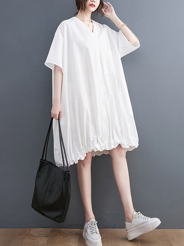 Loose Short Sleeves Color V-neck Midi Dresses