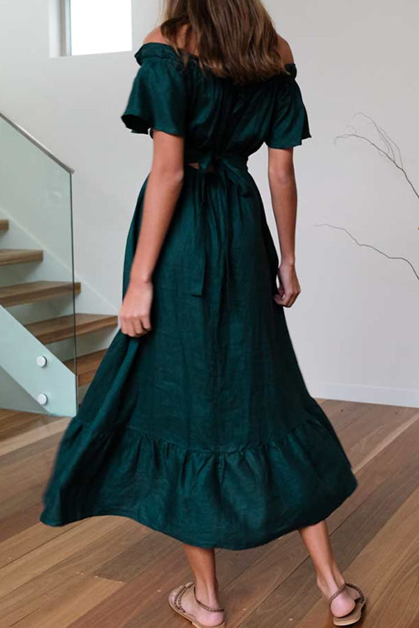 Ruffled Edge Off Shoulder Midi Dress