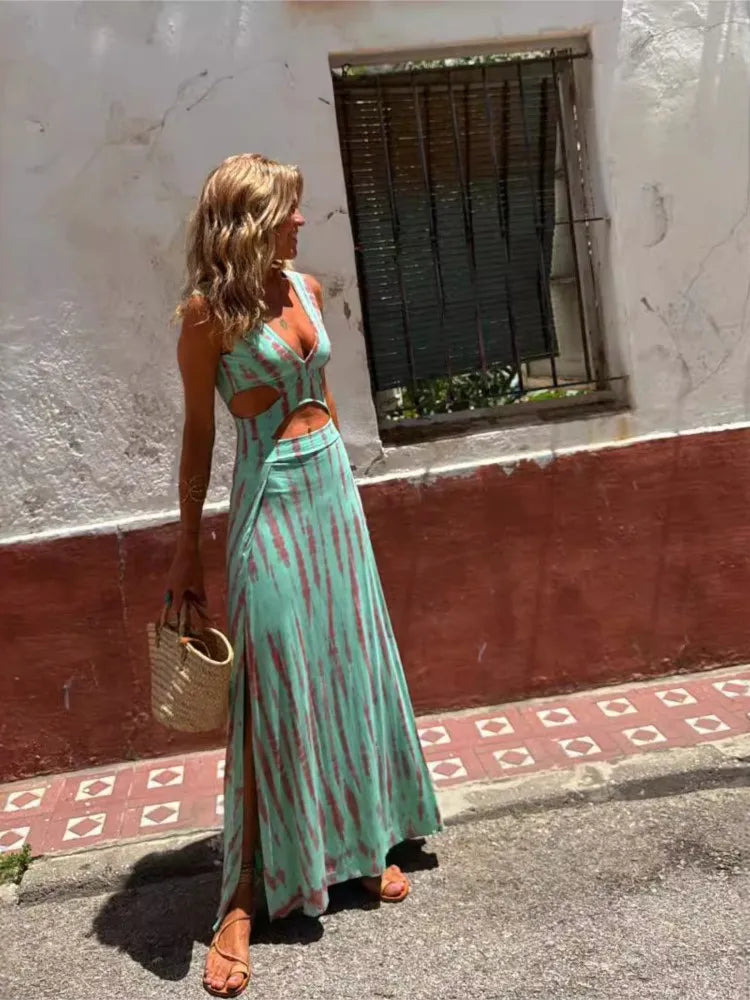 Print Slim Sleeveless Long Dresses V-neck Hollow Out Backless Bodycon Package Hip Slit Dress Vacation Vestido