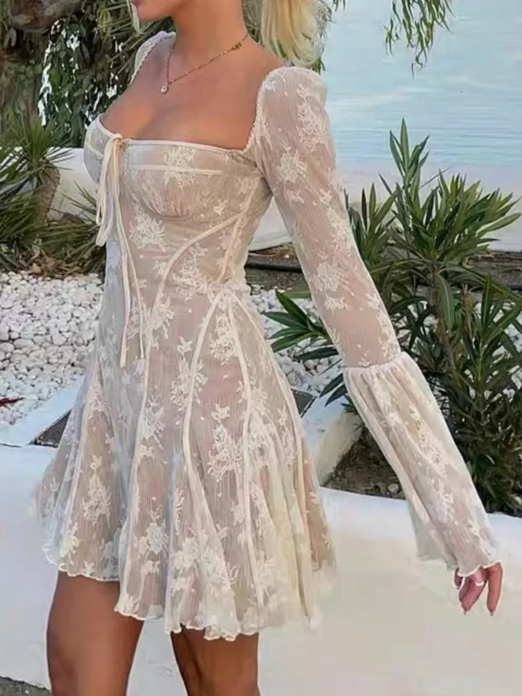 Lace Mini Dress Flare Sleeve Square Collar Autumn Winter New Evening Party Prom Dresses Y2k