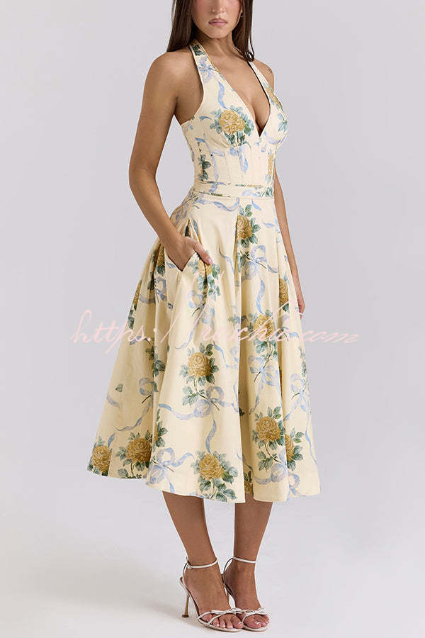 Resort Star Print Waist Halterneck Tie Pocket Midi Dress