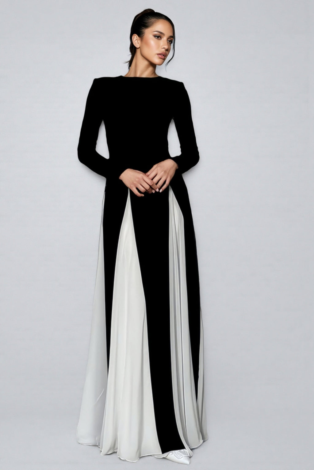 Liwy Black and White Clashing Long Sleeve Maxi Dress