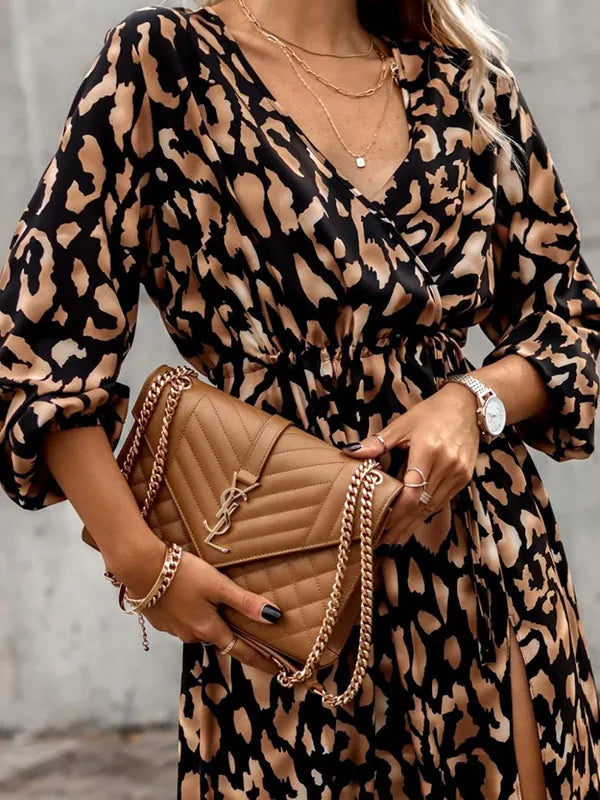Vacation Loose Long Sleeves Split-side Leopard V-neck Midi Dresses