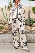 Light and Comfortable Satin Unique Print Elastic Waist Pocketed Wide Leg Pants