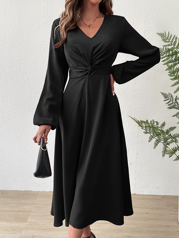 A-line High Waisted Elasticity Knot Pleated Color V-neck Midi Dresses