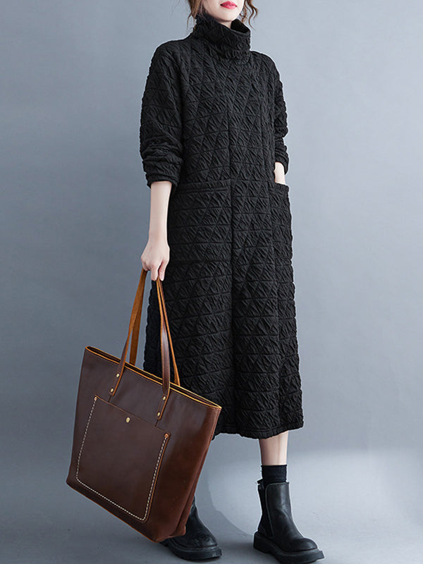Long Sleeves Loose Color Textured High-neck Cotton Padded Midi Dresses