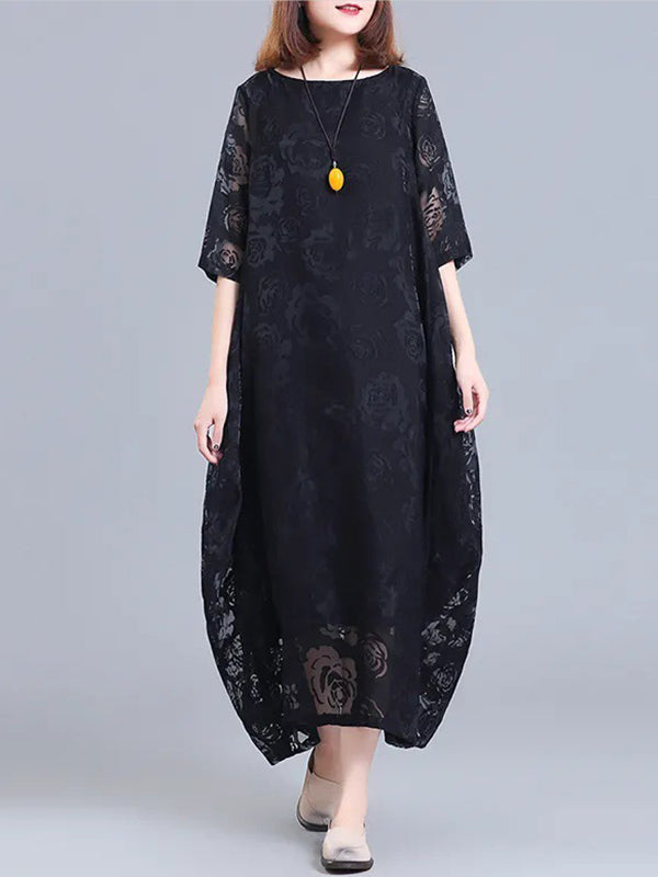 A-line Half Sleeves Flower Print See-through Color Round-neck Midi Dresses