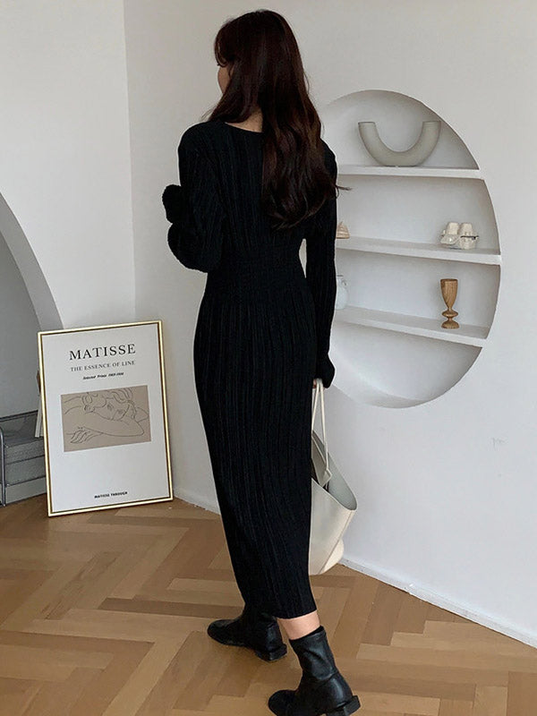 Simple Long Sleeves Black Split-joint Elasticity Waist Pleated Midi Dress