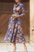 Lapel Print Lace Up Buttoned Pockets Long Sleeve Midi Dress