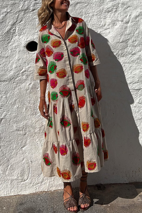 Take Me to Cabo Unique Print Button Loose Shirt Midi Dress