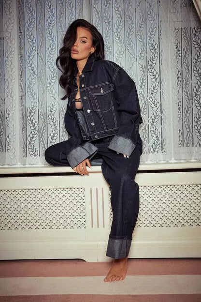 Azaria - Collared Long Sleeves Denim Two-piece Set