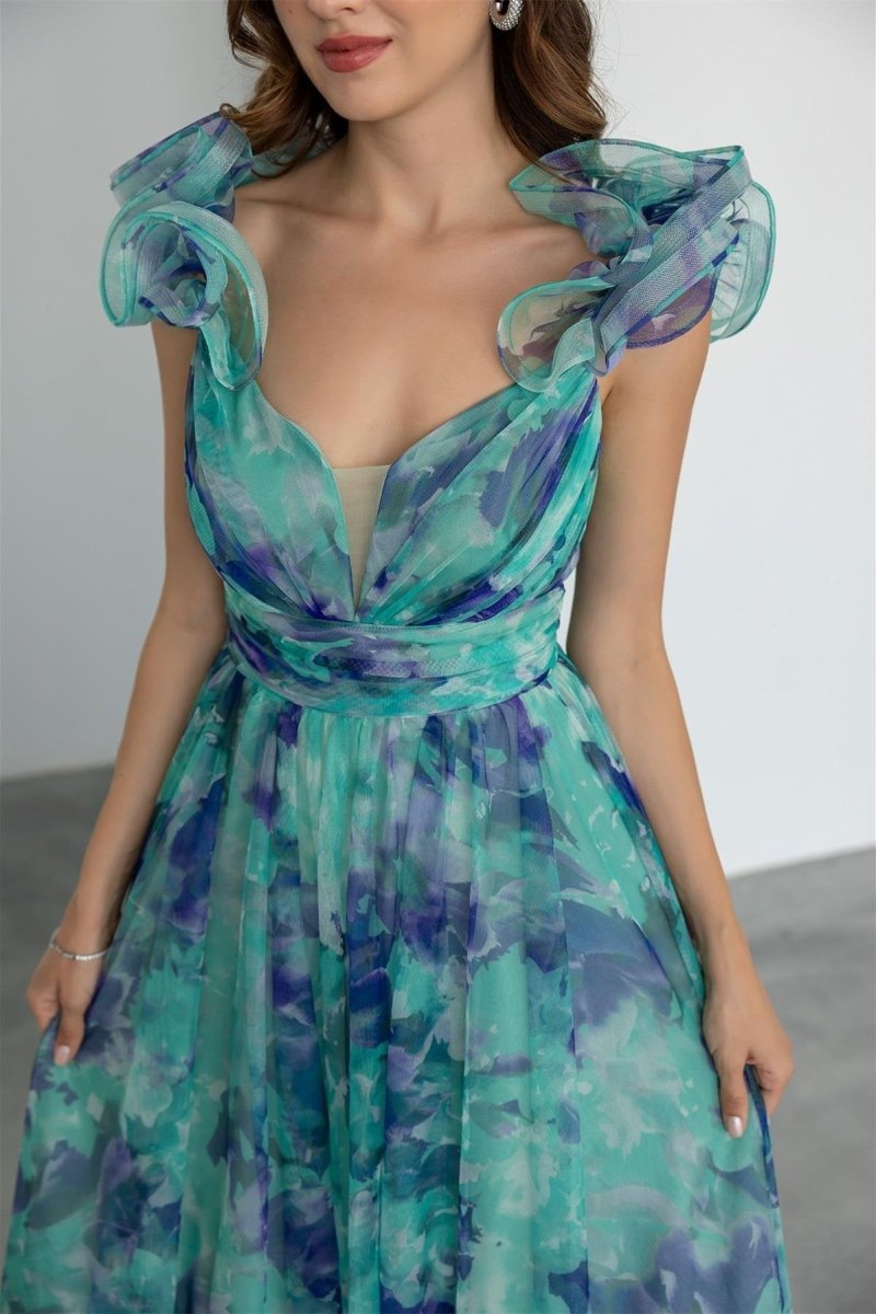 Dana Printed Ruffle Chiffon Maxi Dress