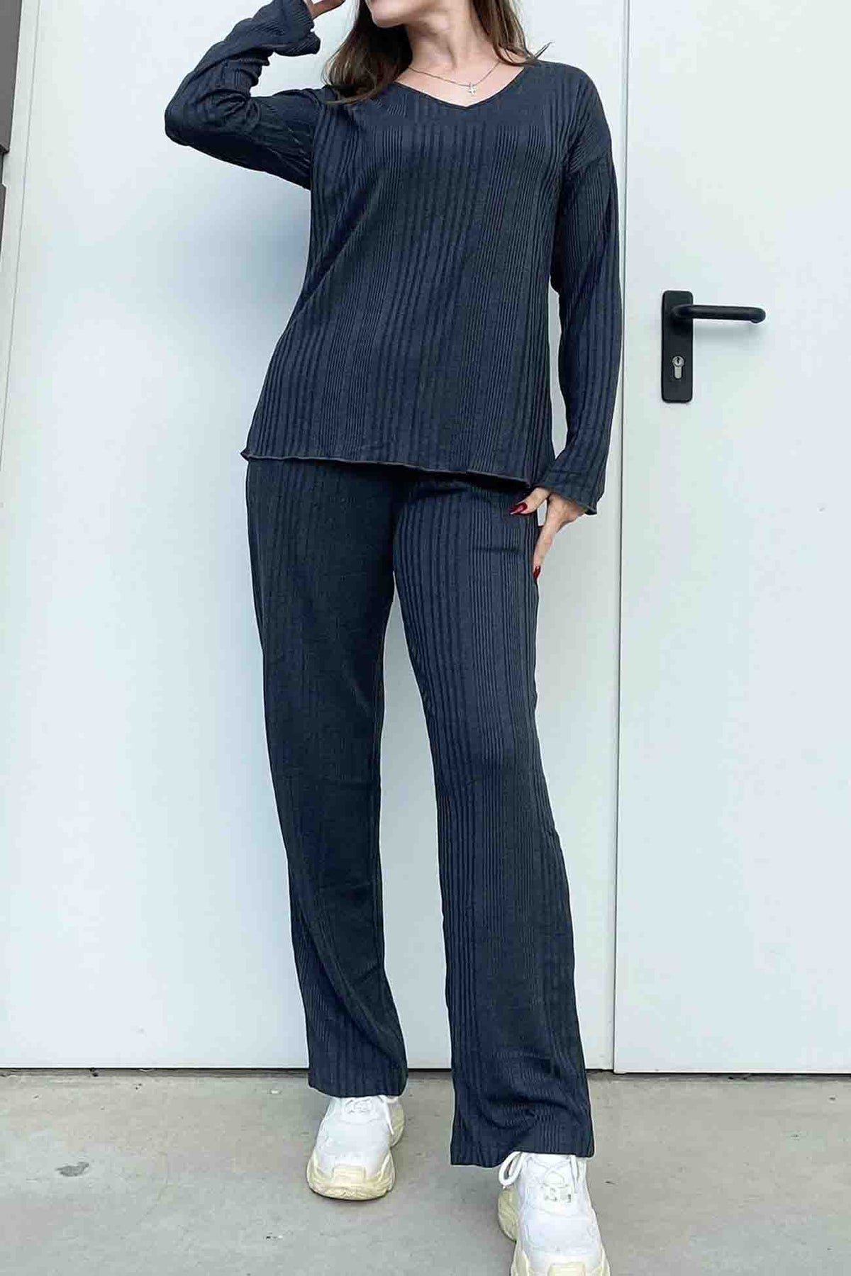 V Neck Ribbed Long Sleeve Two-piece Set