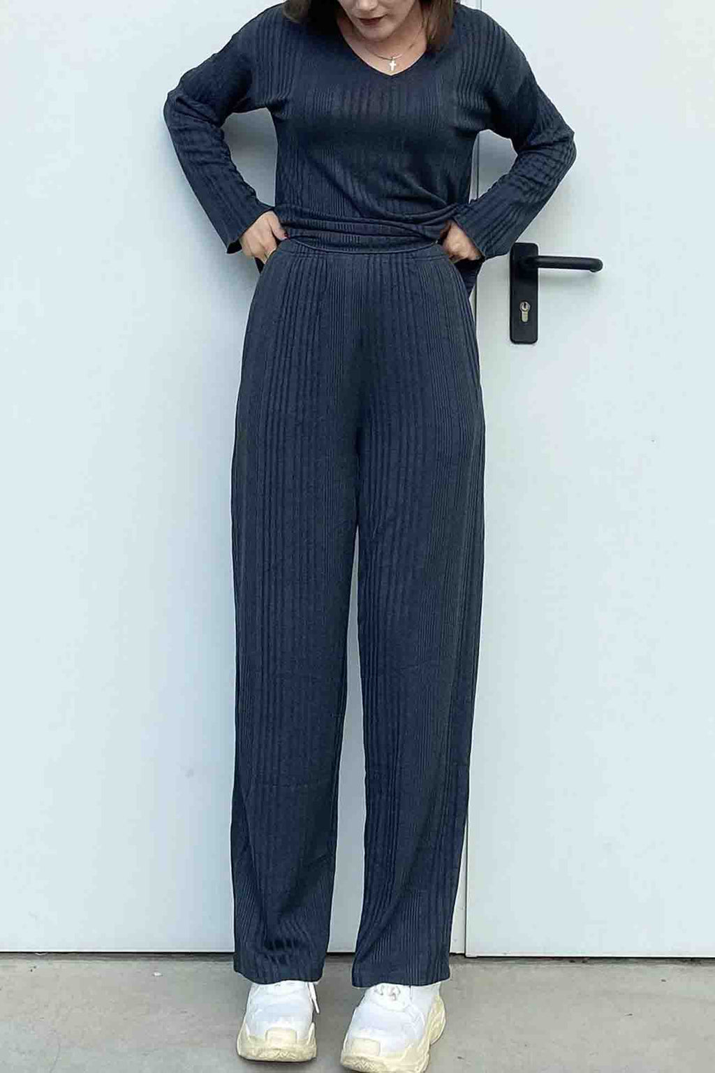 V Neck Ribbed Long Sleeve Two-piece Set