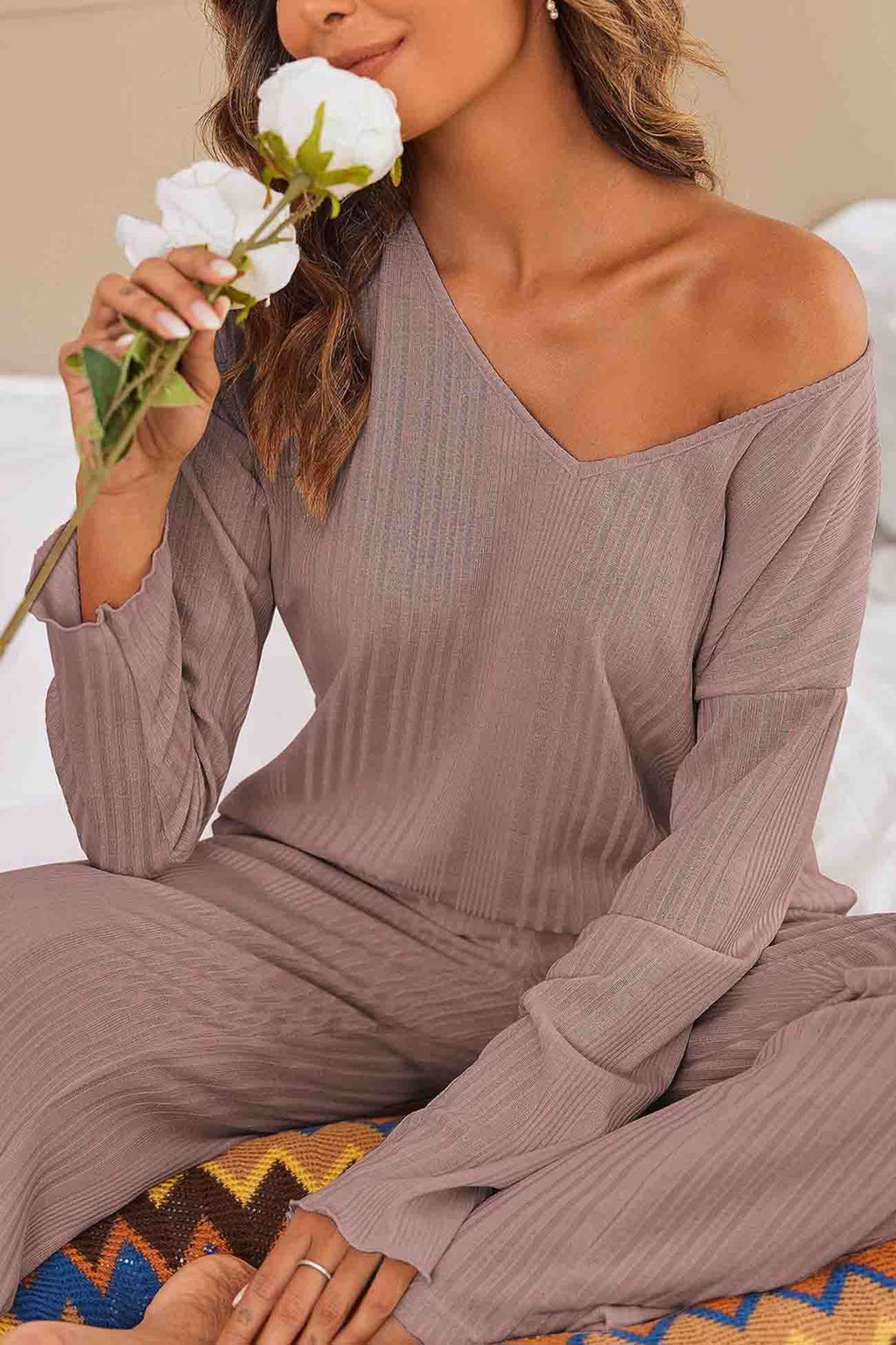V Neck Ribbed Long Sleeve Two-piece Set