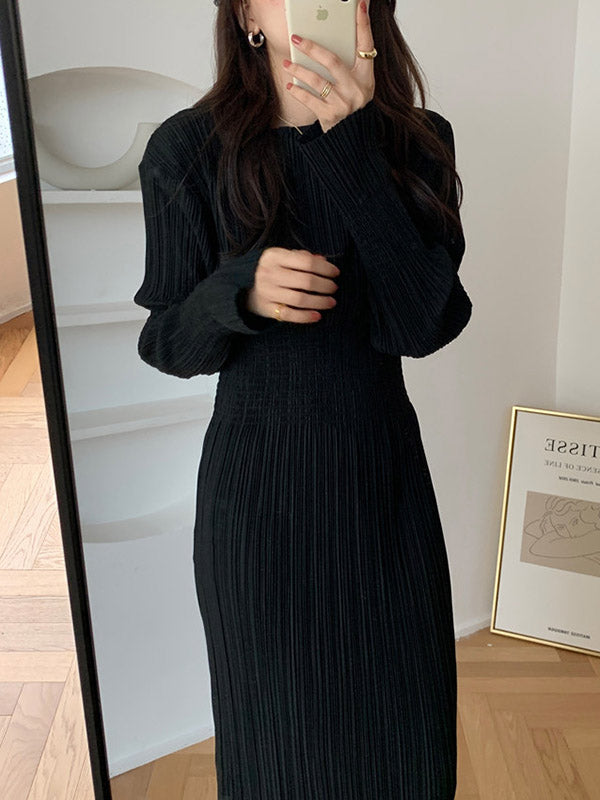Simple Long Sleeves Black Split-joint Elasticity Waist Pleated Midi Dress