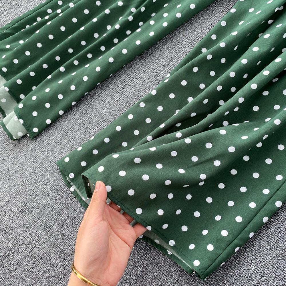 Stylish Army Green V-neck Polka Dot Puff Sleeve Wide Leg Jumpsuit