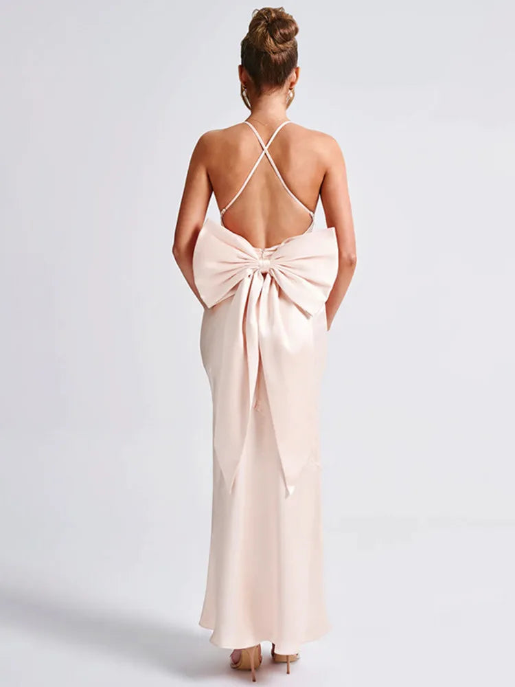 Bow Backless Maxi Dress for Satin Spaghetti Strap V Neck Sleeveless Club Party Long Dress
