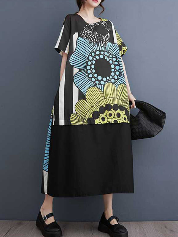 A-line Loose Flower Print Pockets Split-joint Round-neck Midi Dresses