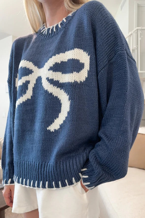 Slouchy Bow Jacquard Loose Pullover Sweater