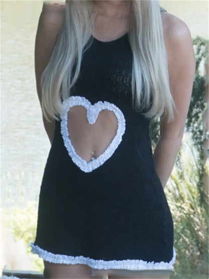 Knit Hollow Out Patchwork Mini Dress for Slim Sleeveless High Waist Lace Ruffled See-through Knitwear Dress