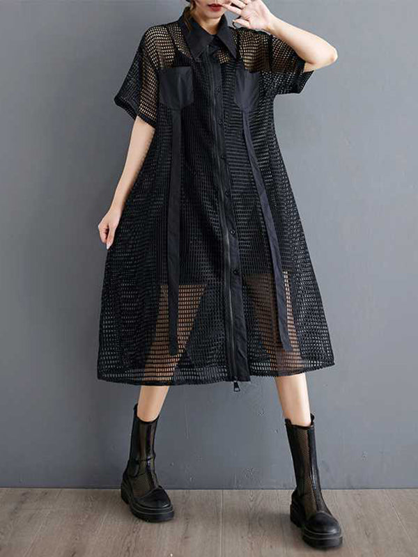 Half Sleeves Loose Hollow Color Split-joint Zipper Lapel Midi Dresses Shirt Dress