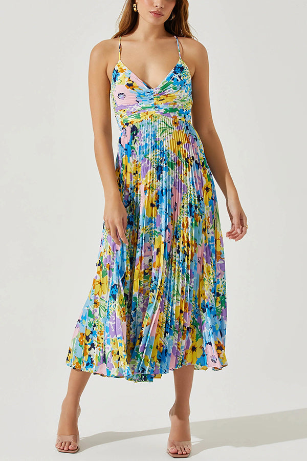 Wedding Party Season Print Pleated Back Tie-up Midi Dress