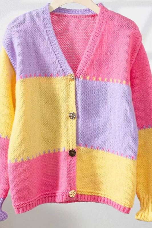 Colorblock Knit V-neck Cardigan
