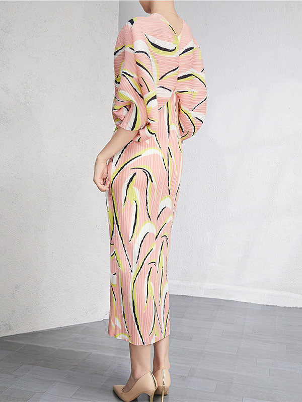 Urban Loose Batwing Sleeves Printed Pleated V-neck Midi Dresses