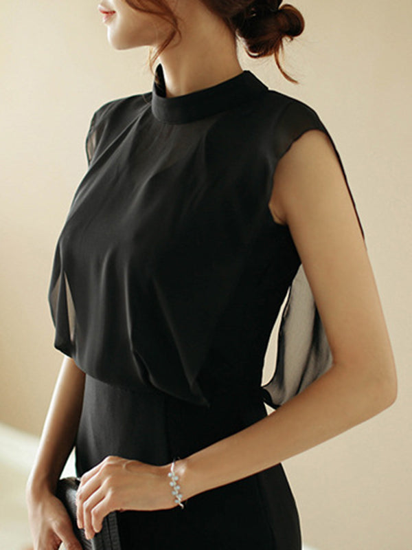 Loose Sleeveless Gauze Hollow See-through Split-joint Zipper Stand Collar Evening Dresses Midi Dresses
