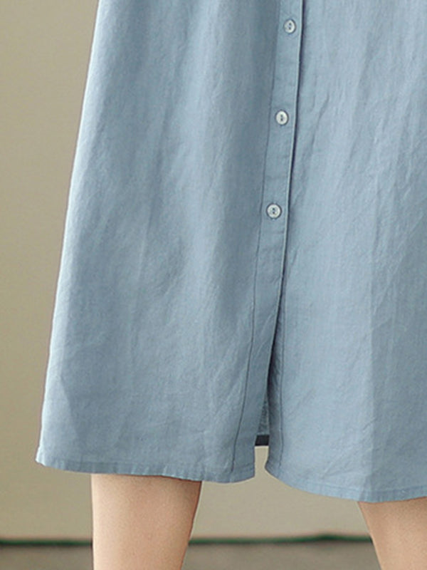 A-line Sleeveless Buttoned Pleated Color Round-neck Midi Dresses